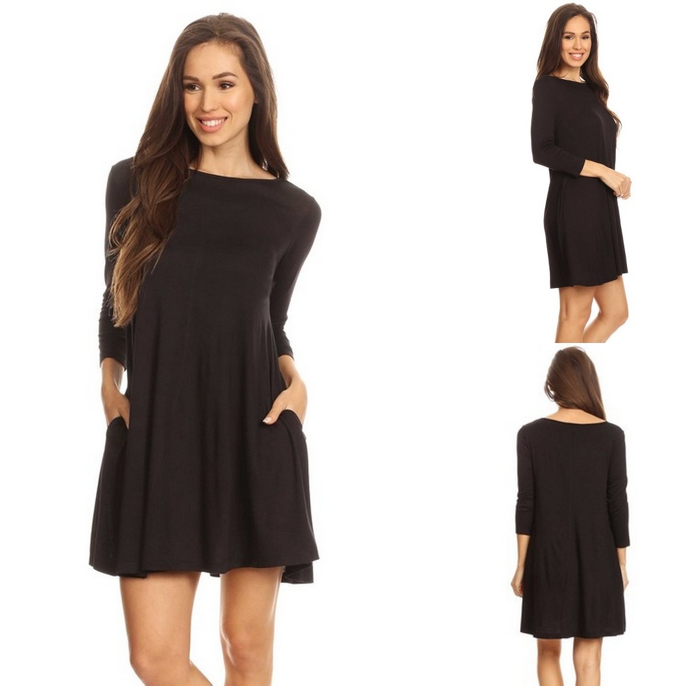 Black Jersey Knit Swing Tunic Dress with Pockets - Picture 1 of 1